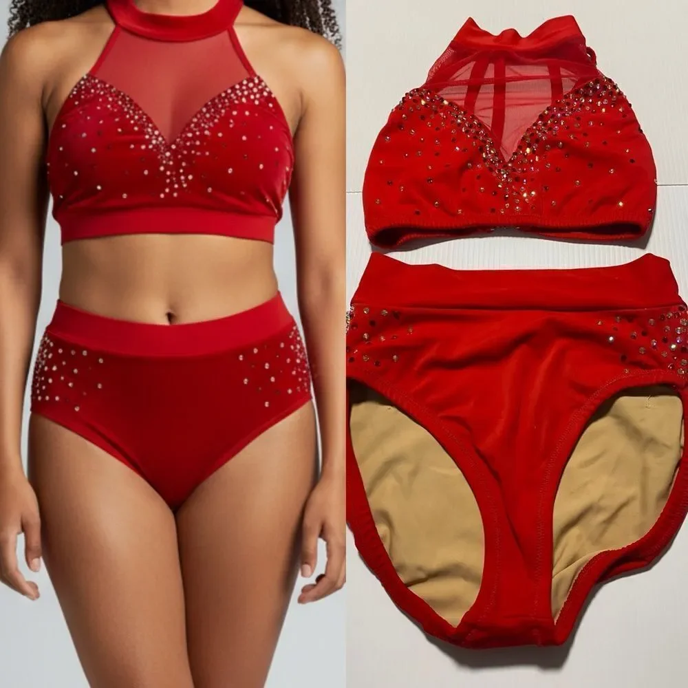 Custom dance solo costume red 2 piece rhinestoned illusion bling XSA adult